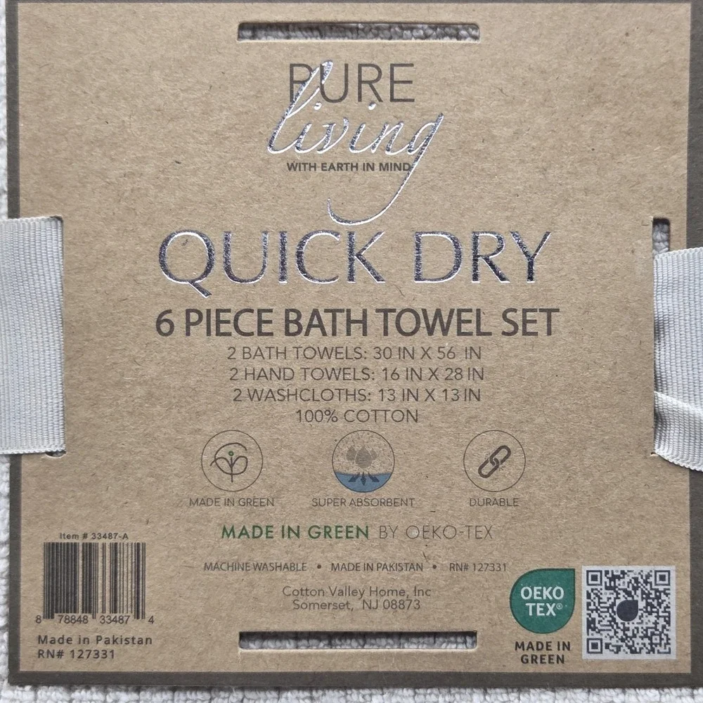 Pure Living 6pc Ecru Raised Cotton Bath Towel Set 2 Bath 2 Hand 2 Washcloths